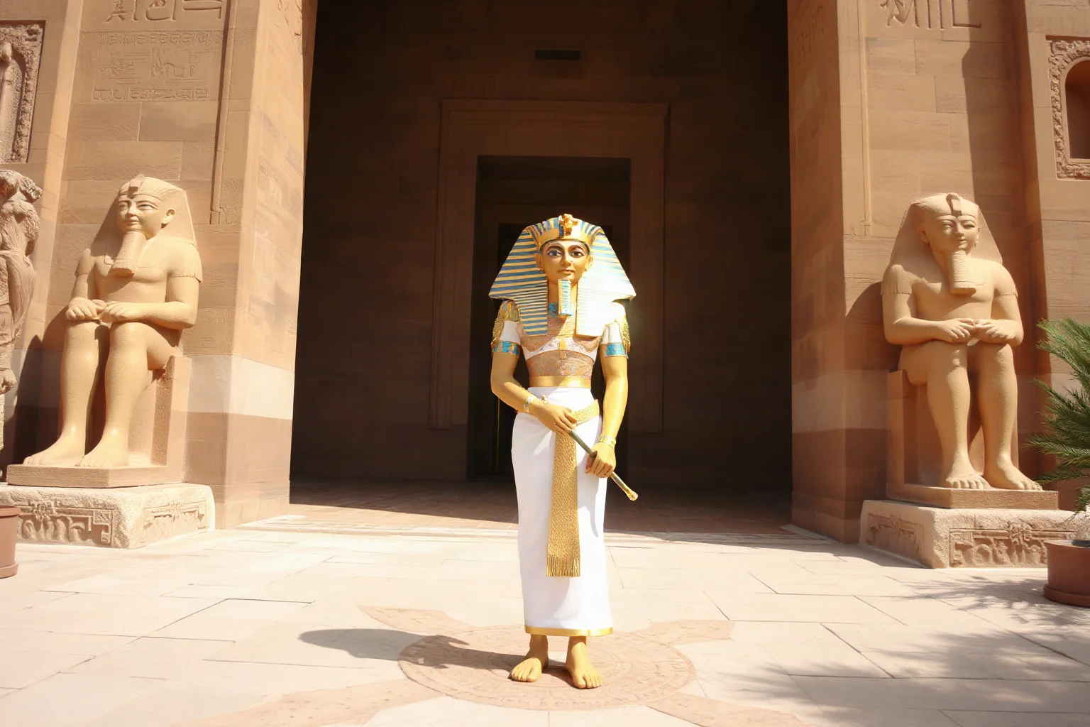 Egyptian pharaoh at a grand temple entrance flanked by towering stone statues