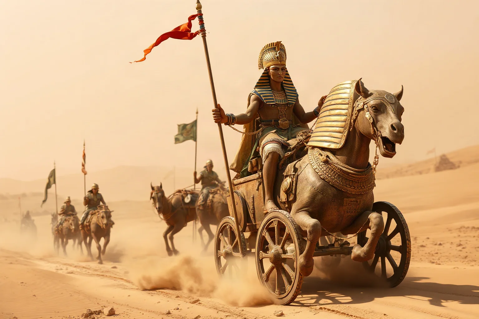 Egyptian pharaoh in war chariot leading soldiers across a desert battlefield