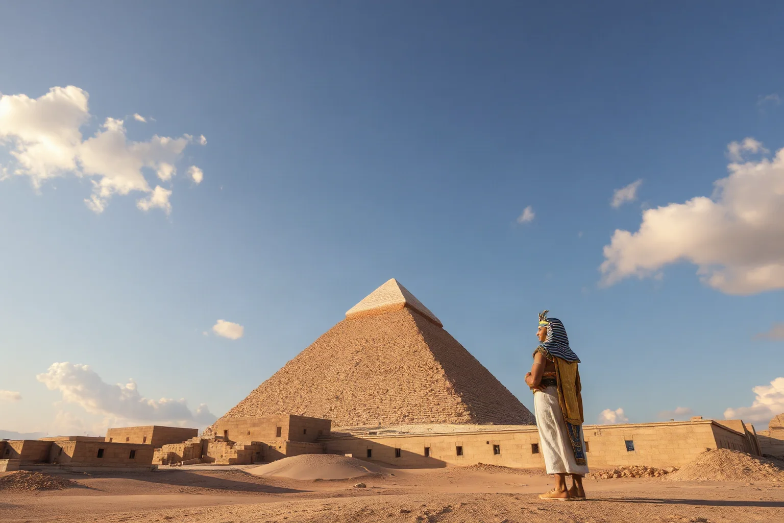 Egyptian pharaoh overseeing construction of a massive pyramid under a desert sky