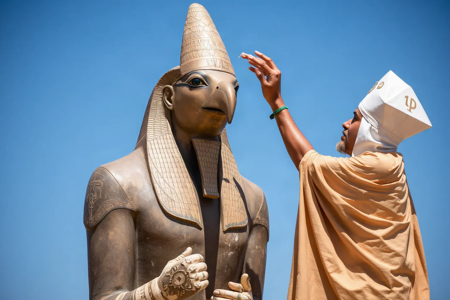 Egyptian priest performing a ritual offering before a statue of a falcon-headed god