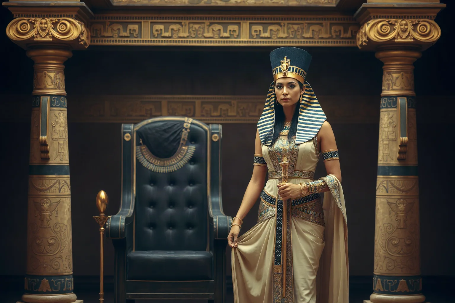 Egyptian queen consort standing beside a pharaoh's throne, holding ceremonial regalia