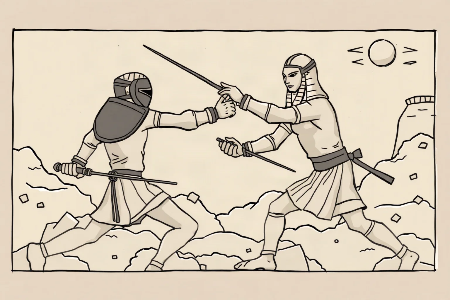 Egyptian relief-style illustration of two fencers sparring with padded weapons and masks