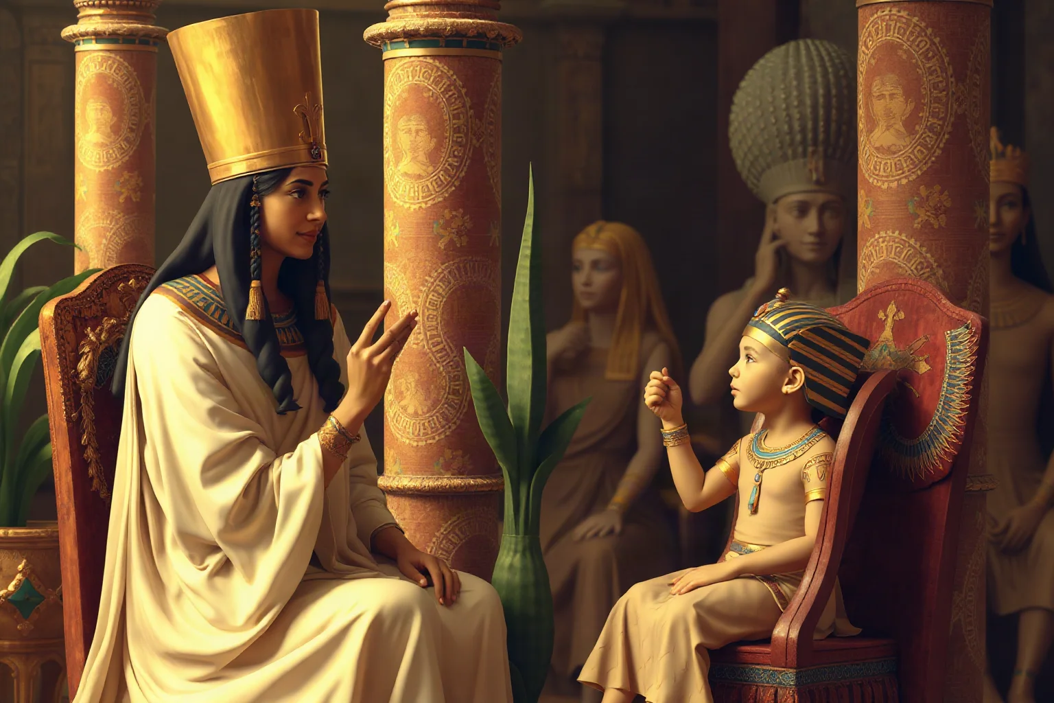 Egyptian royal court scene with a queen acting as regent for a child pharaoh