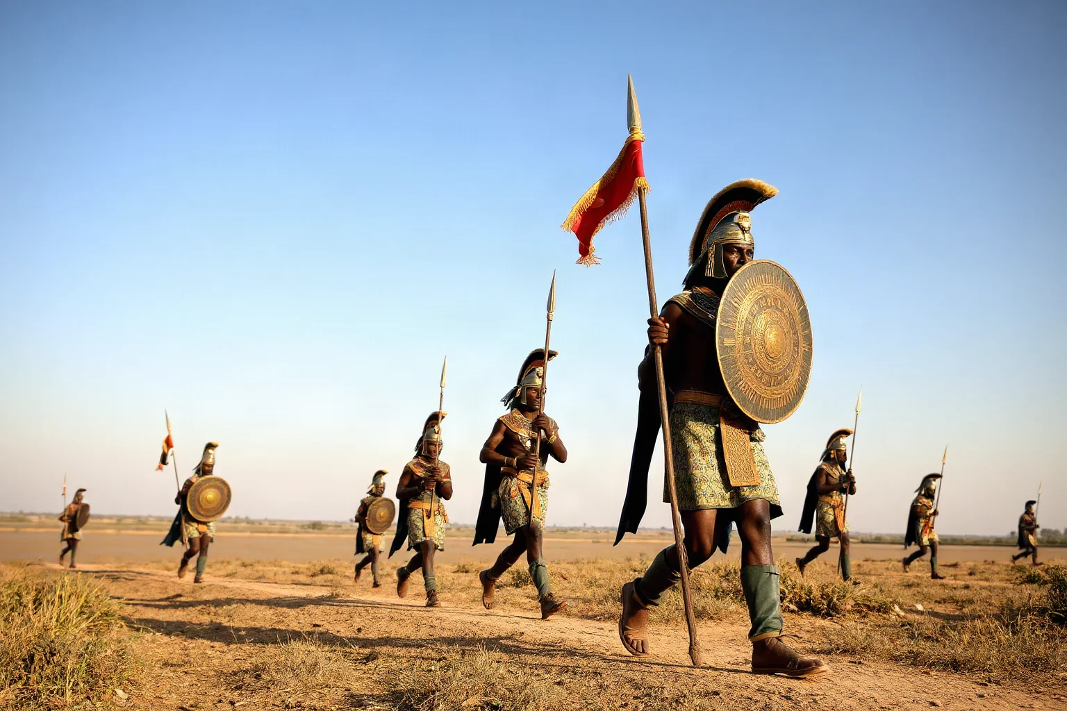Egyptian soldiers marching along the Nile with spears and shields