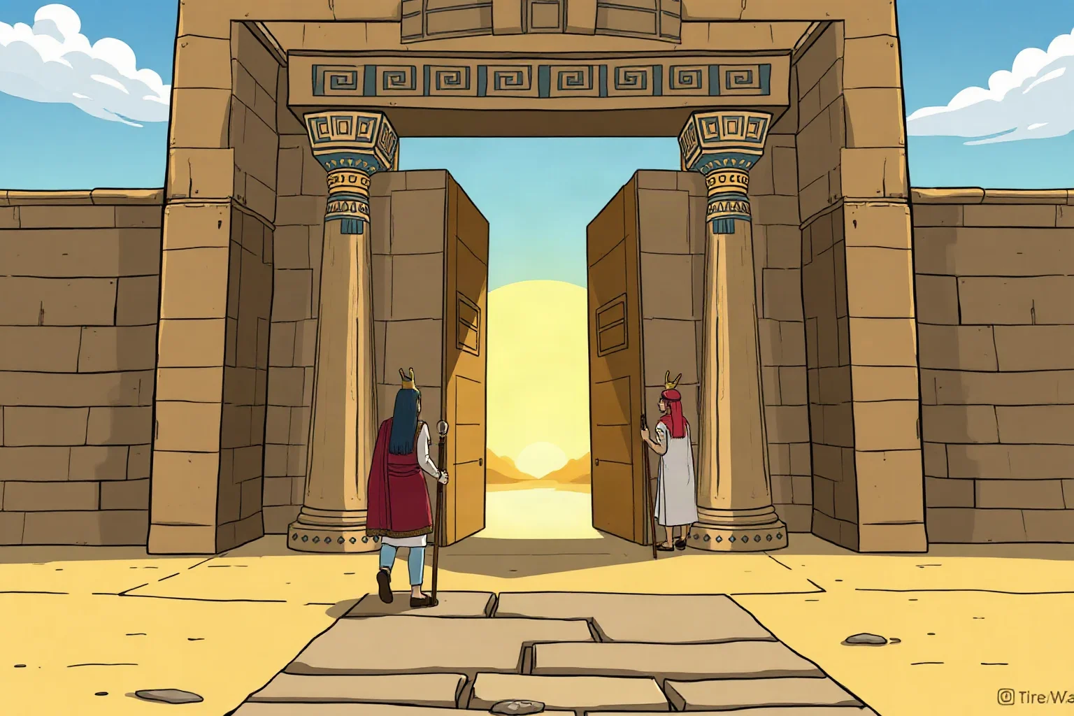 Egyptian temple doors being reopened with priests carrying offerings, illustrative ancient art style