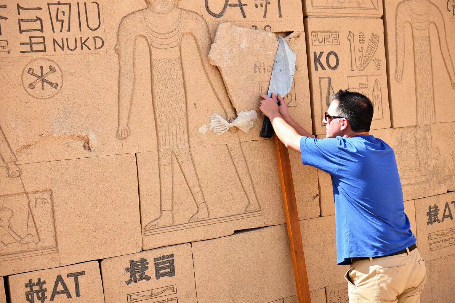 Egyptian workers restoring a weathered stone temple wall with tools