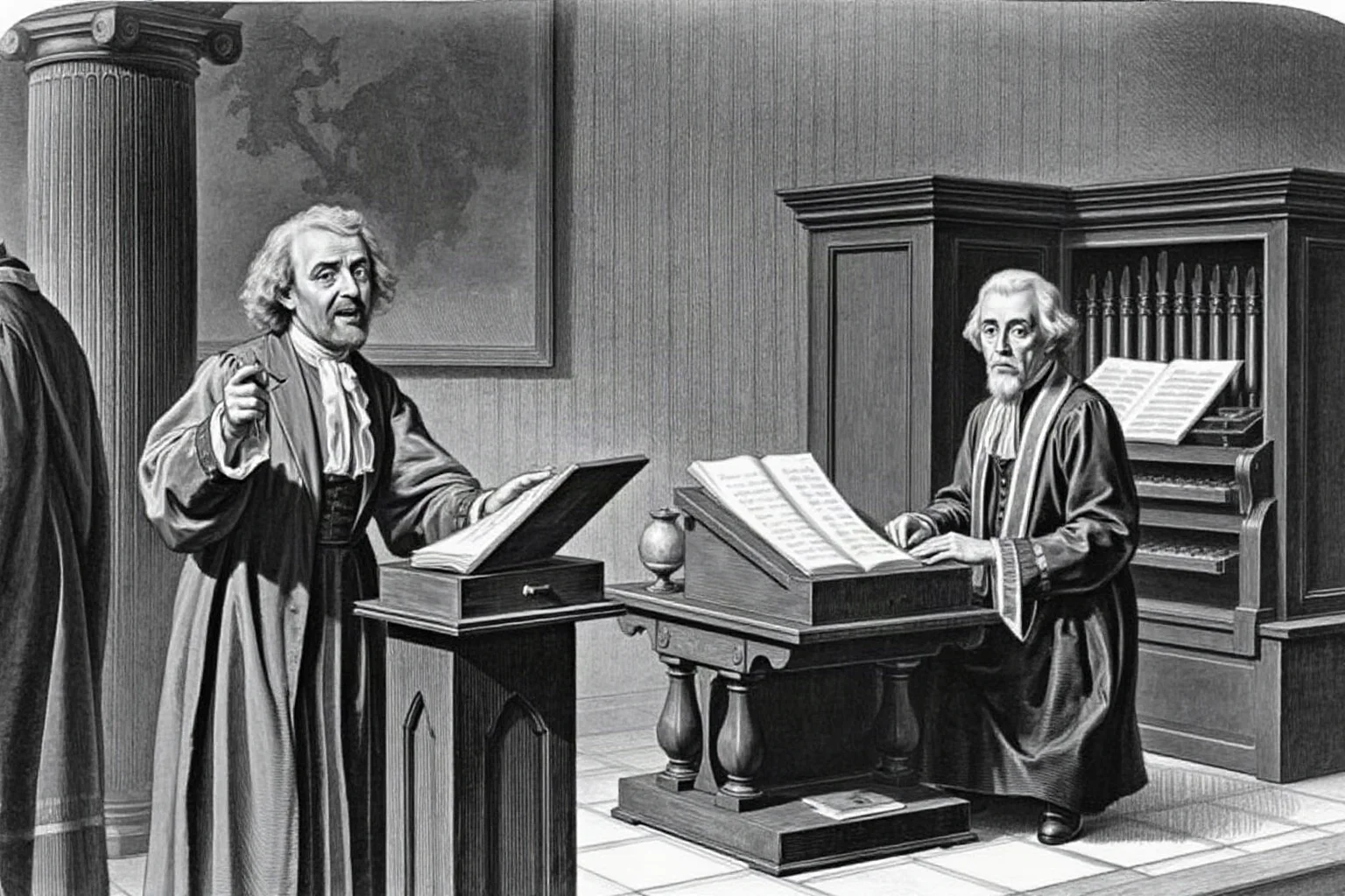 Eighteenth-century clergymen, one preaching passionately from a pulpit while the other writes hymns at a organ or desk