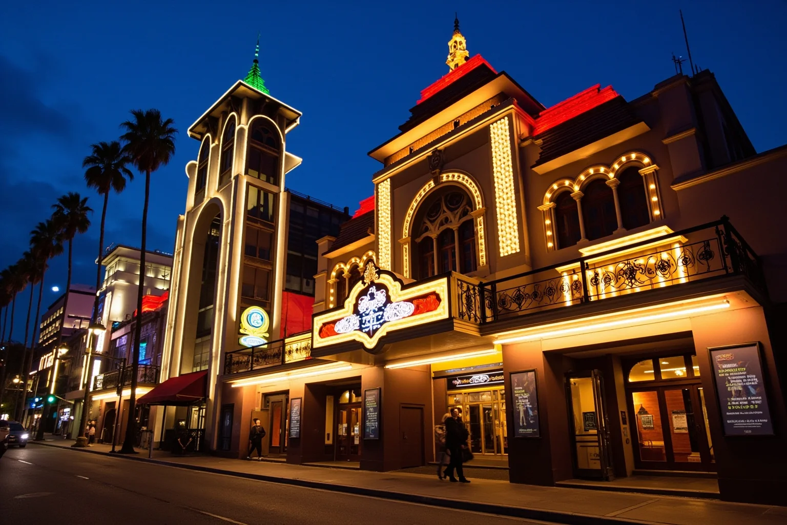 Elaborate 1920s movie palace exterior with exotic pagoda style architecture and a lit marquee, Hollywood boulevard evening scene