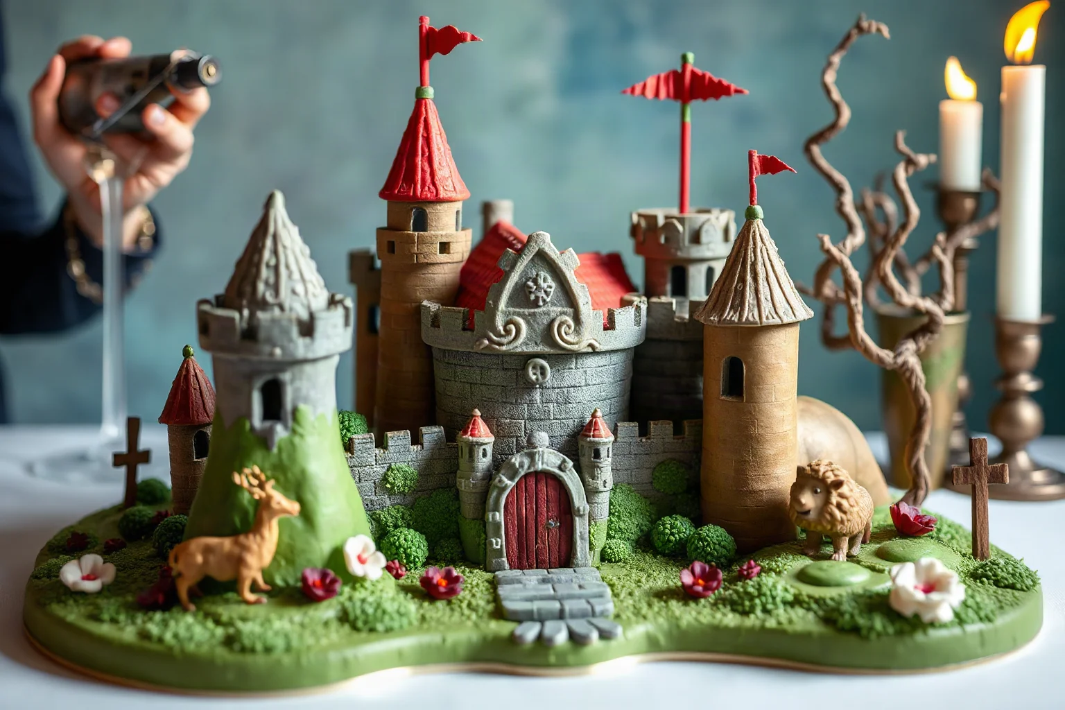Elaborate marzipan and sugar sculpture castle or animal centerpiece, medieval feast presentation