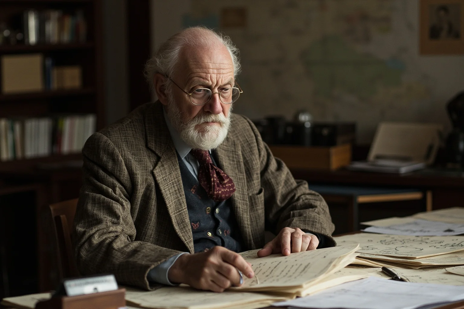 Elderly physicist in casual 20th century clothing at a desk covered with scientific papers and diagrams