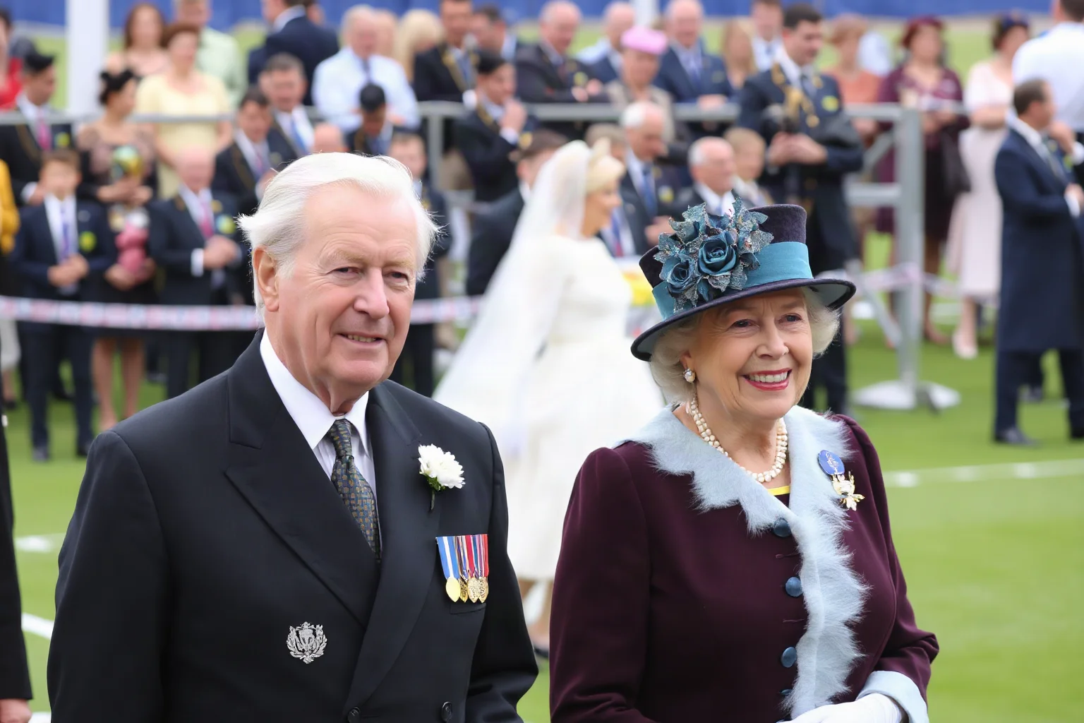 Elderly royal couple in formal ceremonial dress standing together at an outdoor royal event
