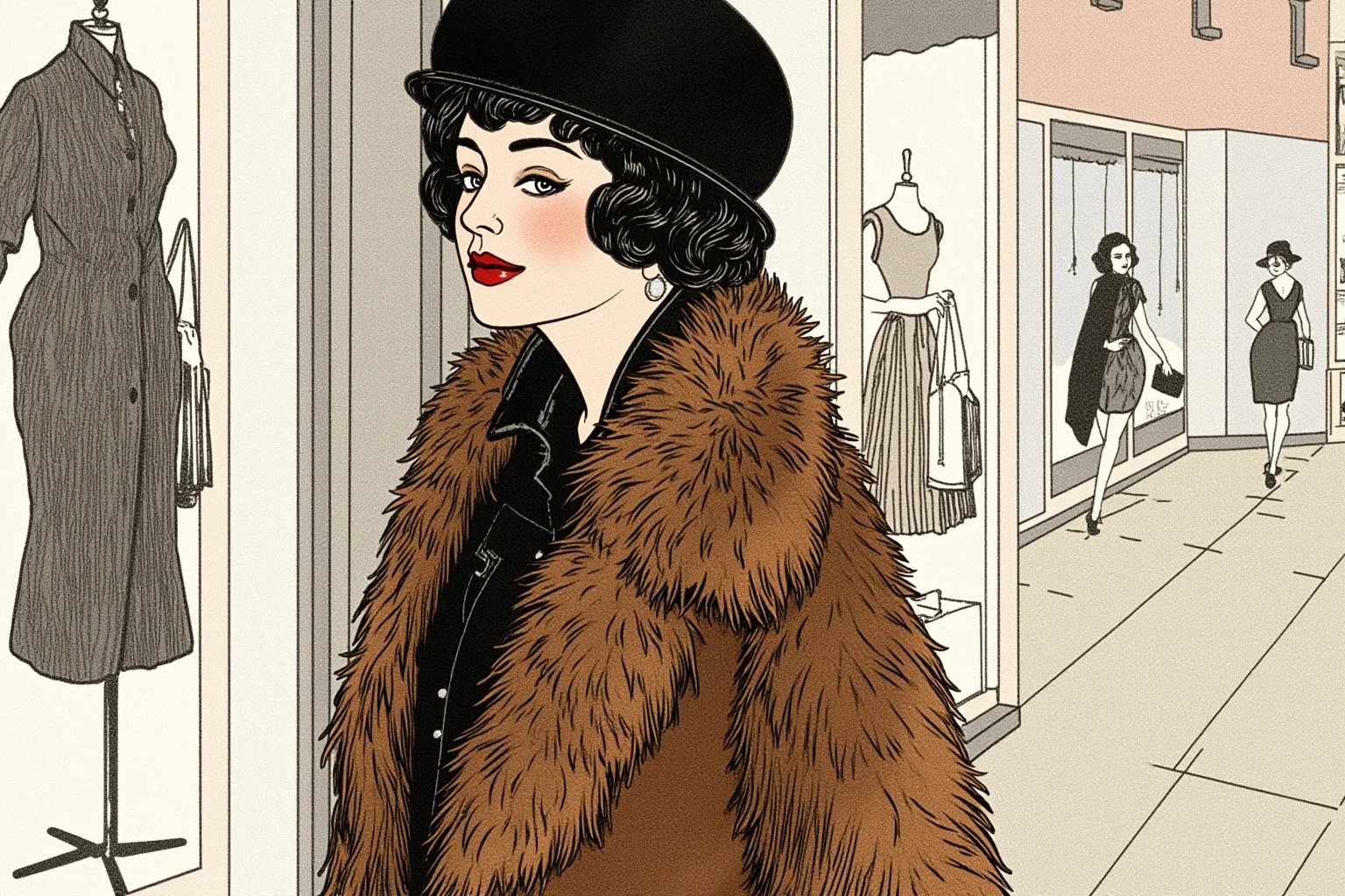 How an All-Female Gang Changed the Face of Crime in 19th Century London 17 Elegant 1920s woman in a fur coat and cloche hat walking past shop windows, illustration style