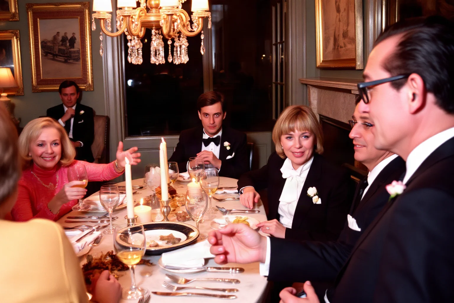 Elegant 1980s Manhattan dinner party with a charming young guest holding everyone's attention