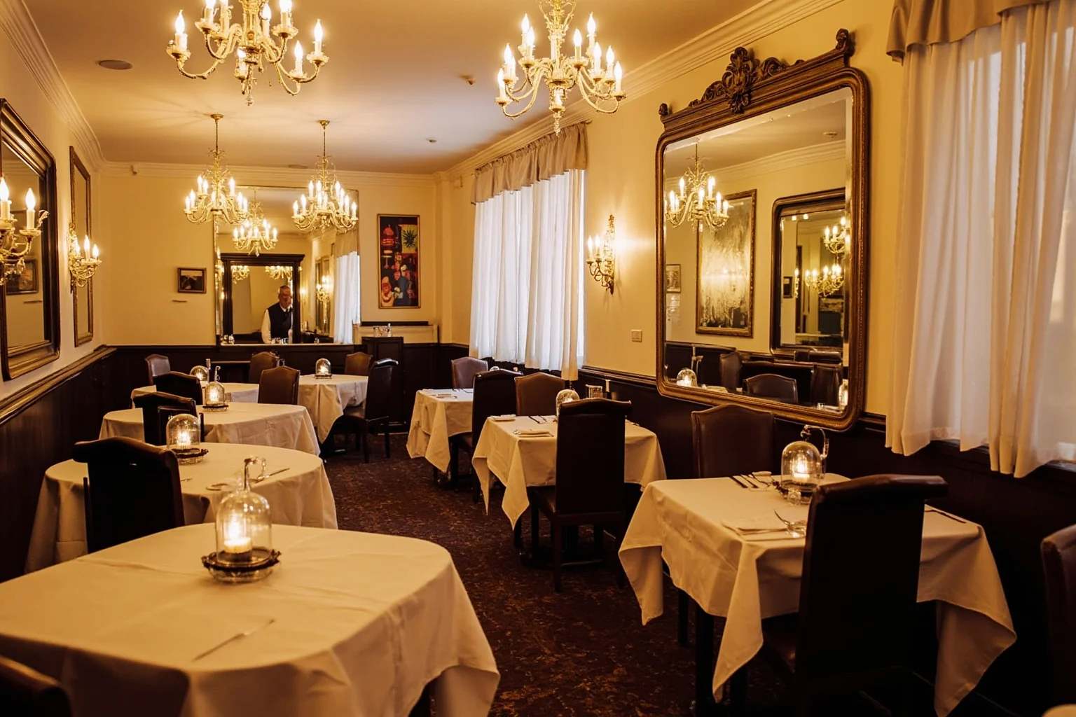 Elegant 19th-century fine-dining restaurant interior with white tablecloths, chandeliers, and ornate mirrors