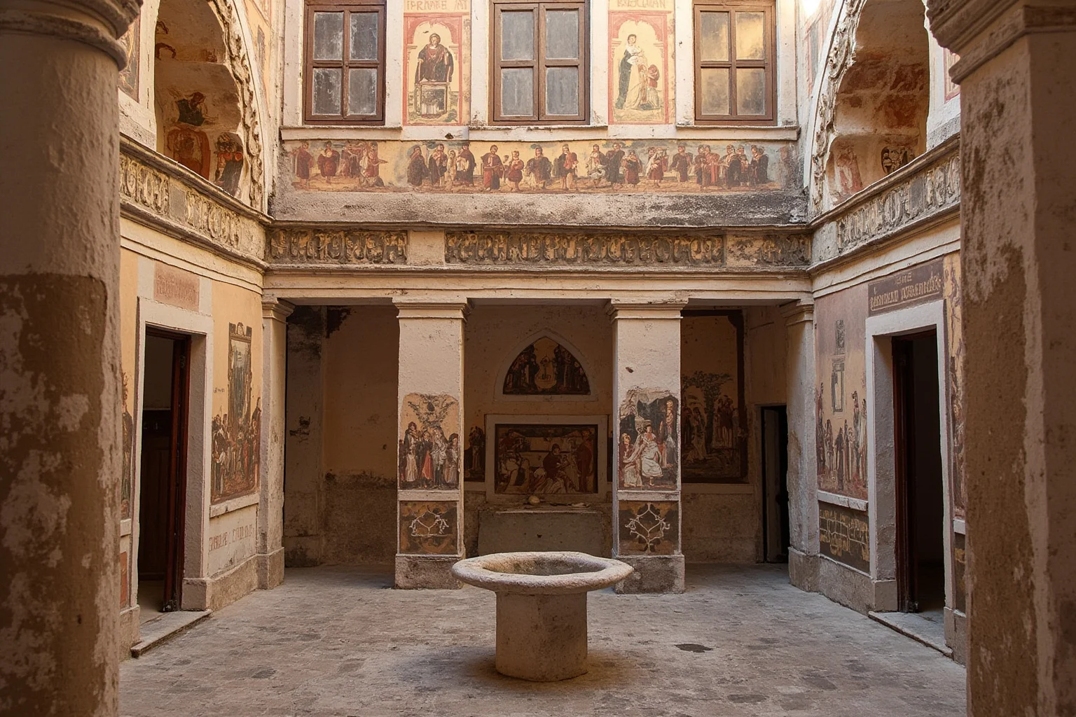 Elegant ancient Roman courtyard with faded frescoes hinting at private living quarters