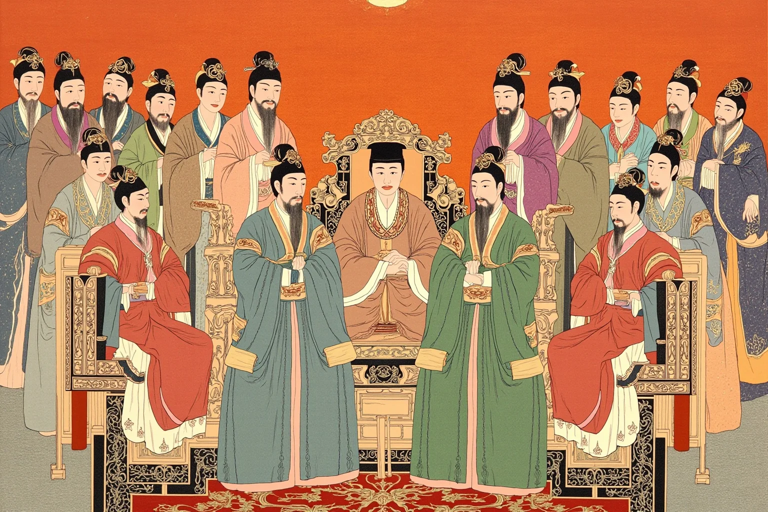 Elegant Chinese imperial court scene with officials in Tang-era robes seated before a throne, illustrated style