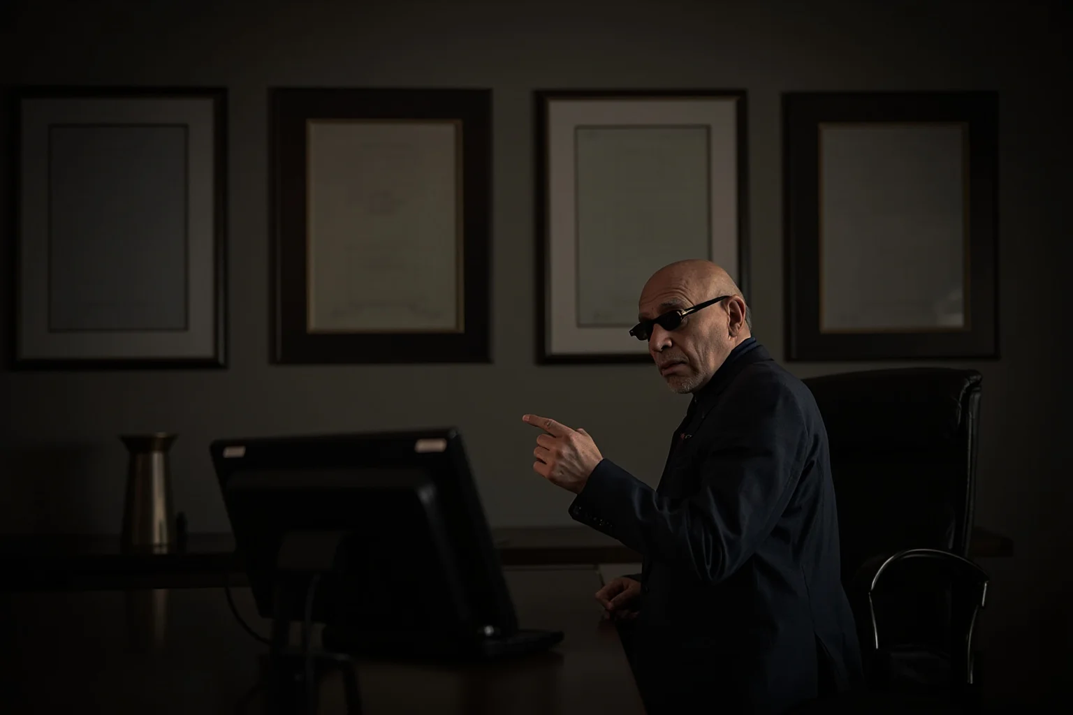 Elegant elderly financier's empty office with framed but blank stock certificates on the wall, moody lighting