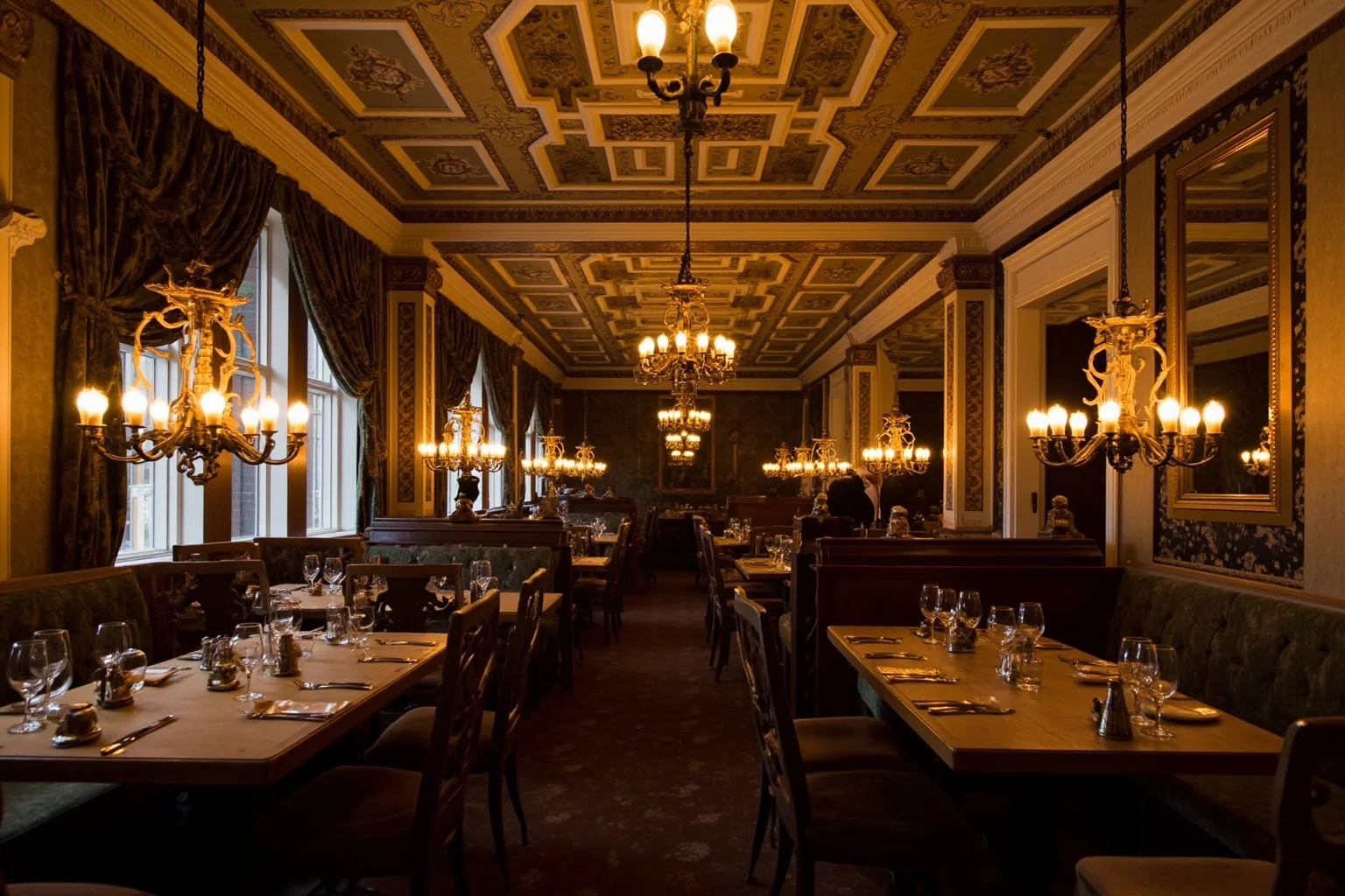 Elegant gas-lit Victorian restaurant dining room with ornate wallpaper and hanging brass lamps