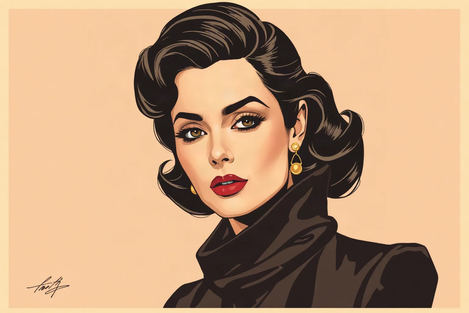 Elegant illustrated portrait of a glamorous European film actress in 1960s fashion, retro cinema poster style