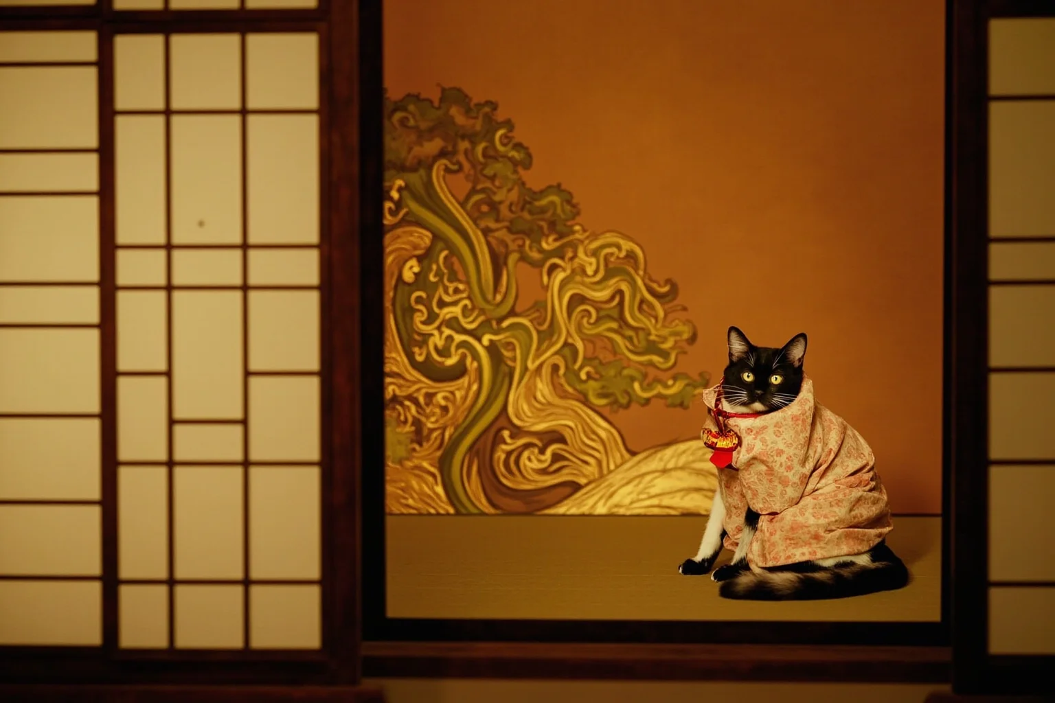 Elegant Japanese Heian-era palace interior with silk screens and a cat wearing a small ceremonial ribbon