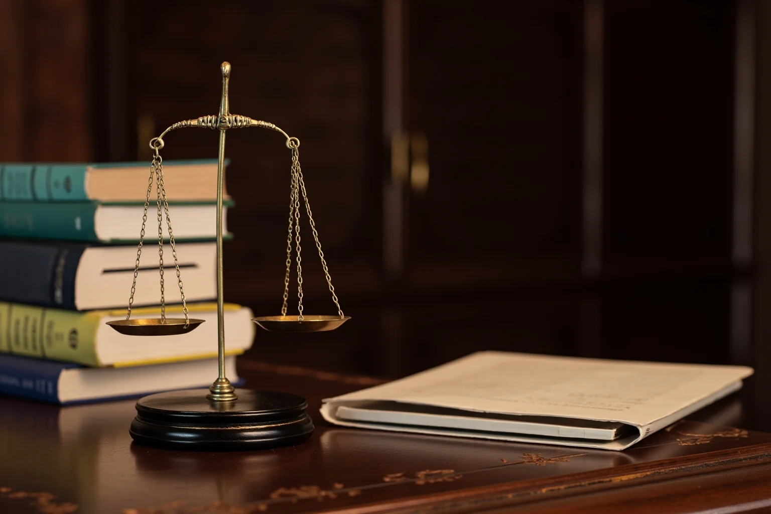 Elegant law office scene with a stack of legal books and a scale of justice on an antique wooden desk
