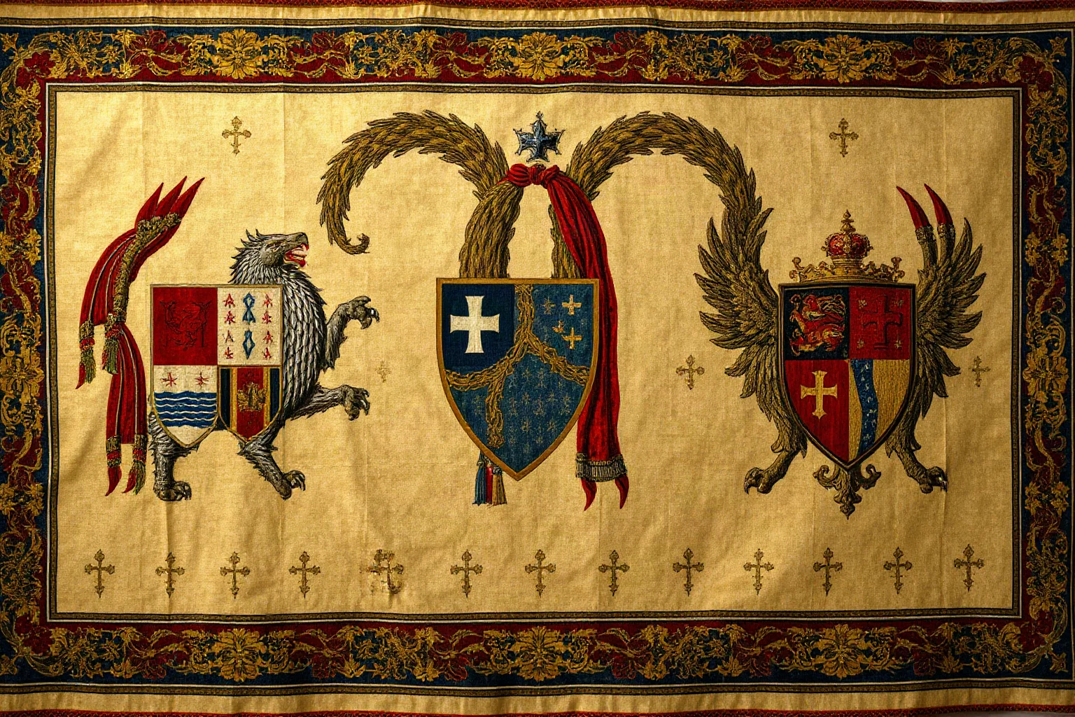 Elegant medieval noble's tapestry showing coats of arms, symbolizing aristocratic myth-making
