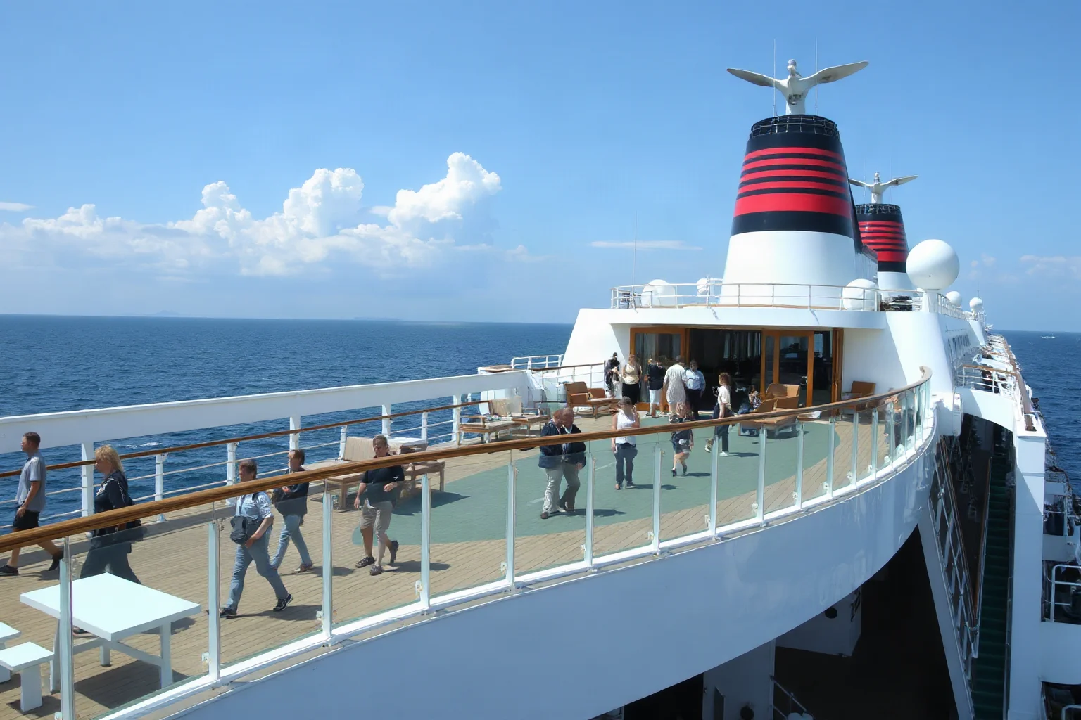 Elegant ocean liner promenade deck with wealthy passengers strolling, deck kept open and uncluttered