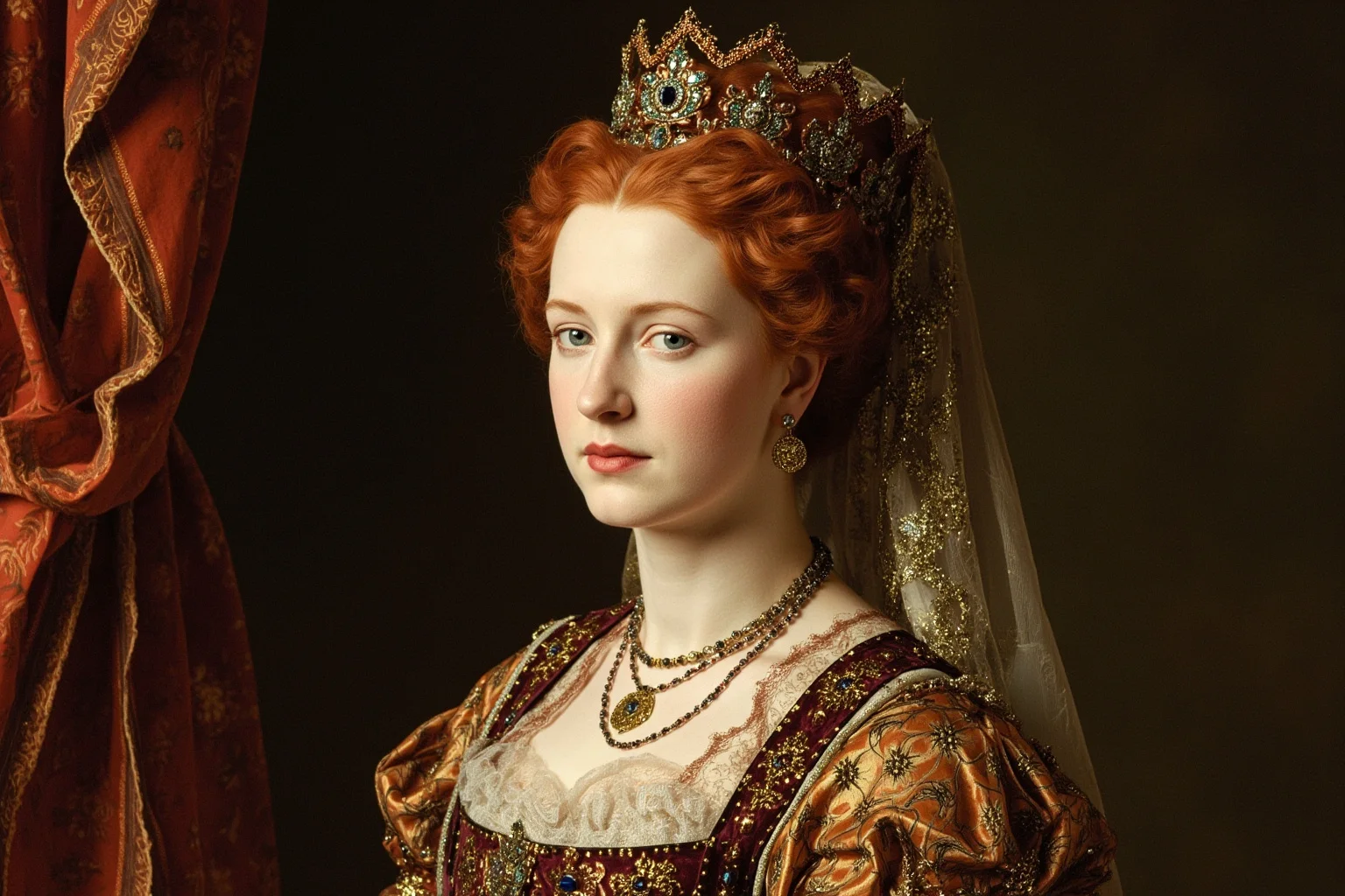 Elegant Renaissance royal portrait style illustration of a red-haired monarch in ornate dress, non-photorealistic