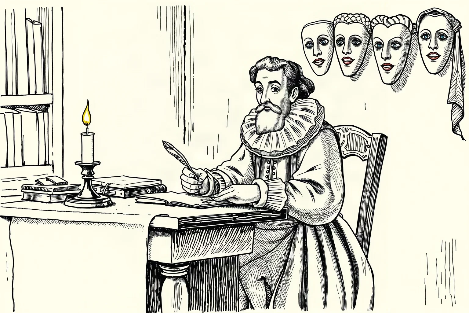 Elizabethan-era illustrated playwright at a writing desk with quill and candle, theatrical masks nearby
