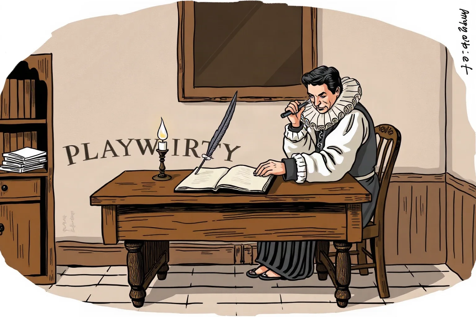 Elizabethan-era illustration of a playwright at a wooden desk with quill and candlelight, evoking Renaissance English theater