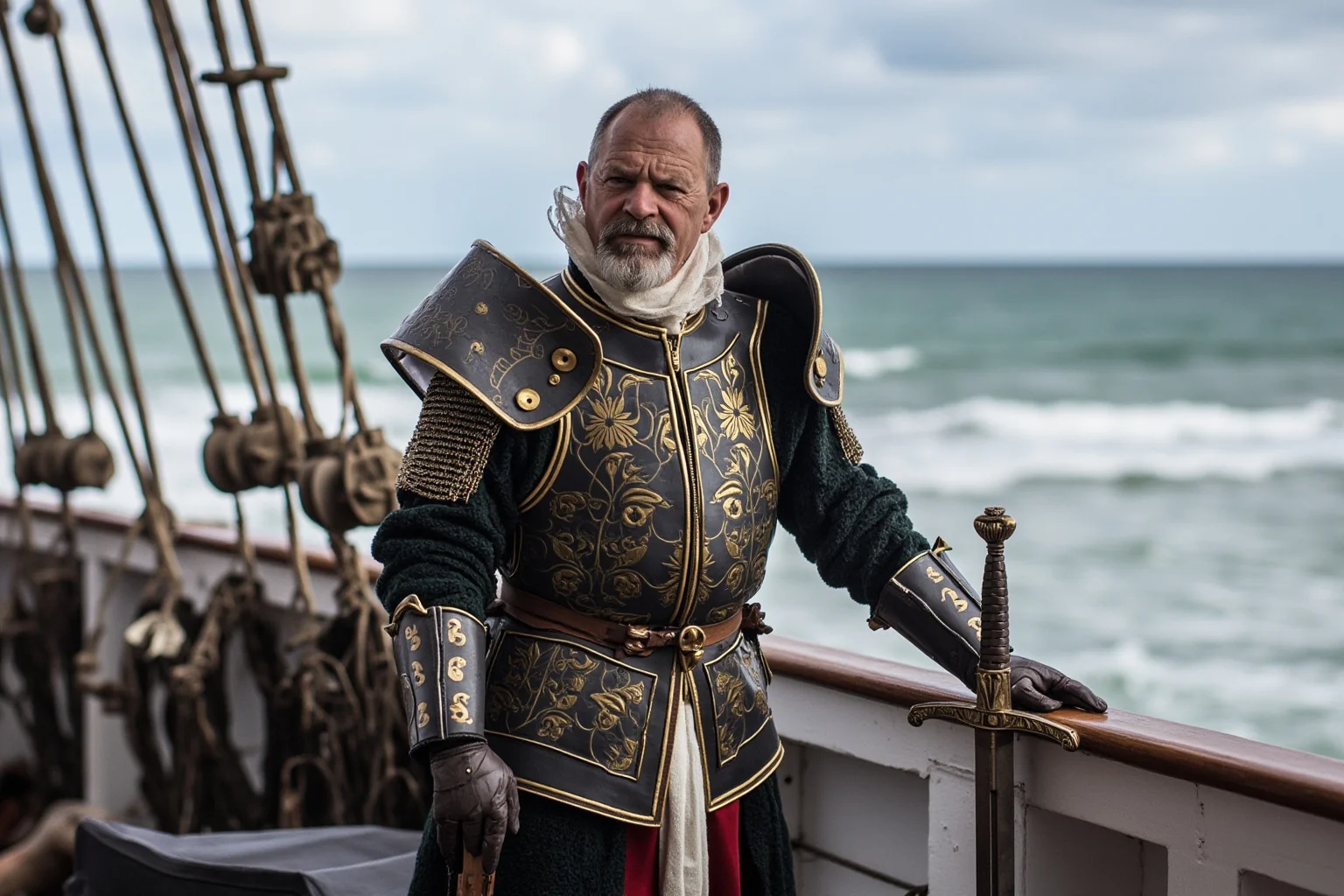 22 Most Notorious Knights From History: Heroes, Villains, and Legends 11 Elizabethan-era knight in ornate doublet and sword standing on a ship's deck near the coastline