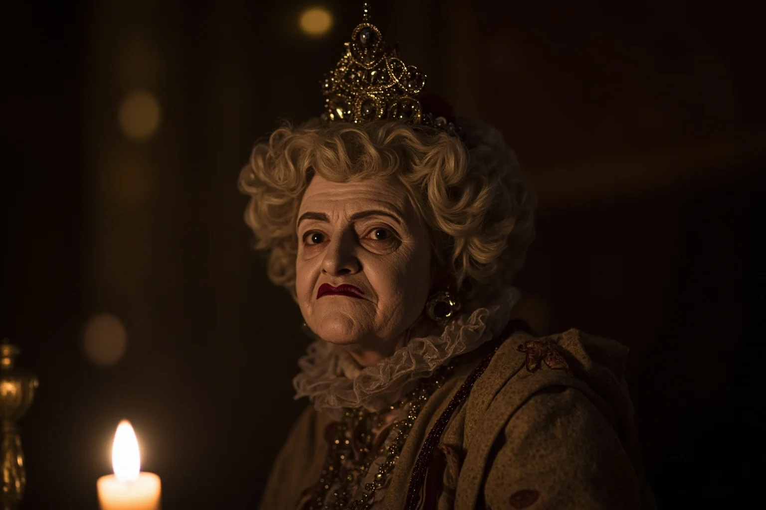 20 of History's Most Infamous 'Ugly' Figures — Myth vs. Reality 9 Elizabethan queen with white lead makeup mask, elaborate wig, and jewelry, aging visibly despite heavy cosmetics, candlelit royal chamber