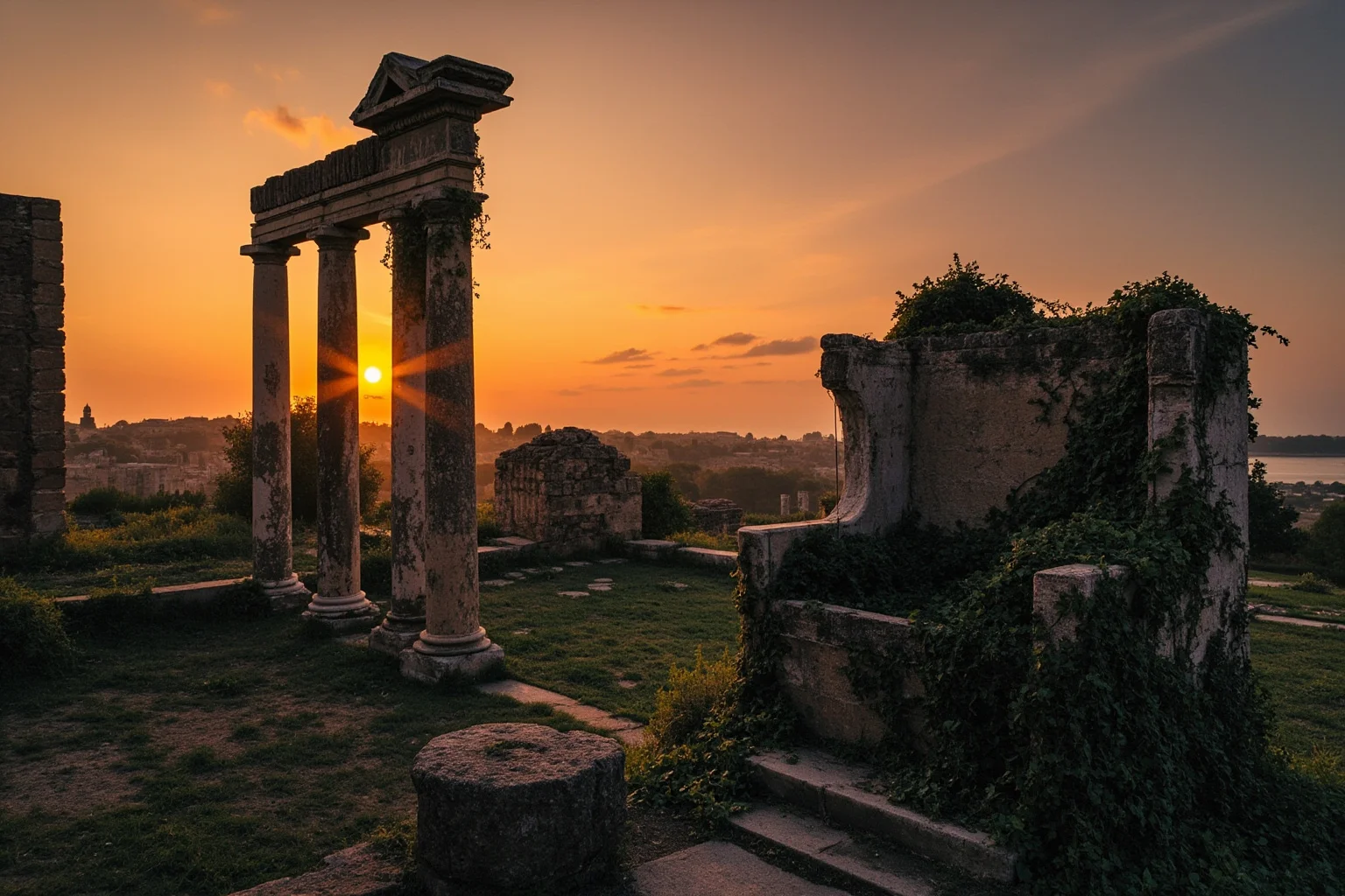 Empires That Fell Slowly—and 20 That Collapsed Overnight 2 Crumbling Roman ruins at sunset with an abandoned imperial throne overgrown with vines