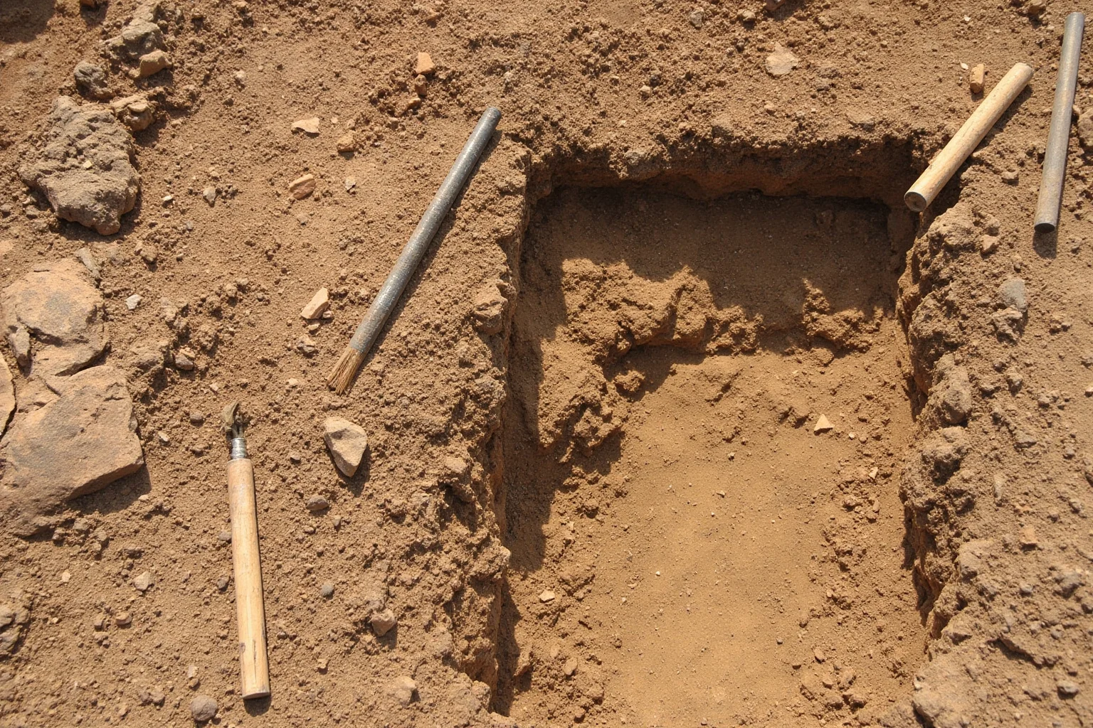 Empty archaeological excavation site with tools and empty ground, symbolizing absence of physical evidence