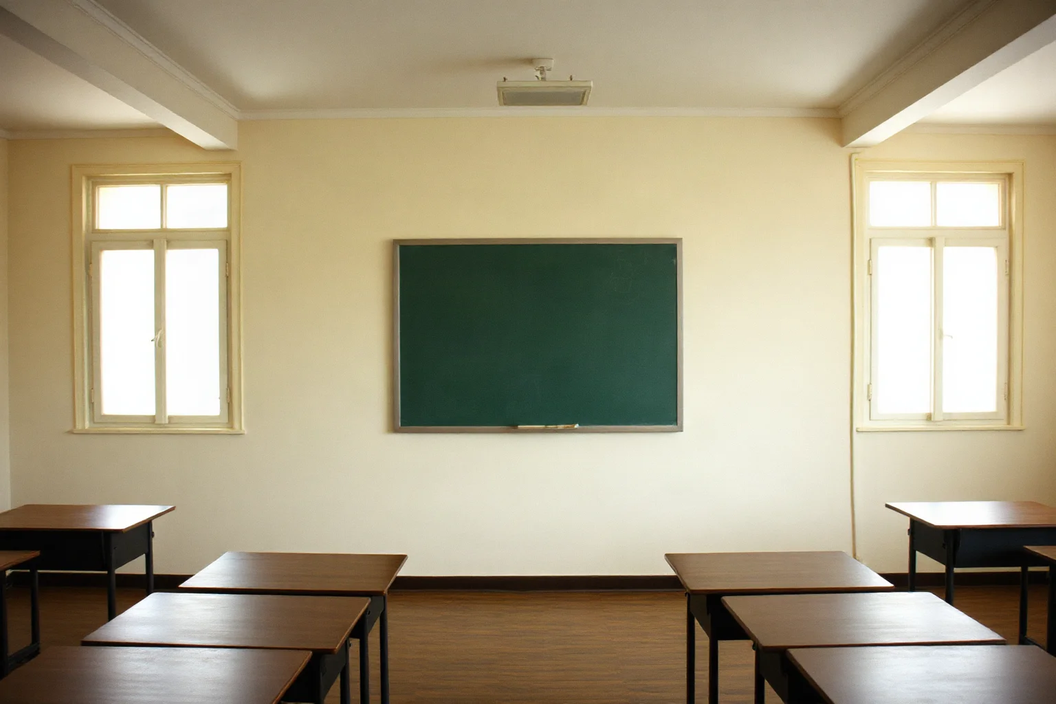 Empty early-2000s classroom with a chalkboard and closed windows, sense of quiet unease