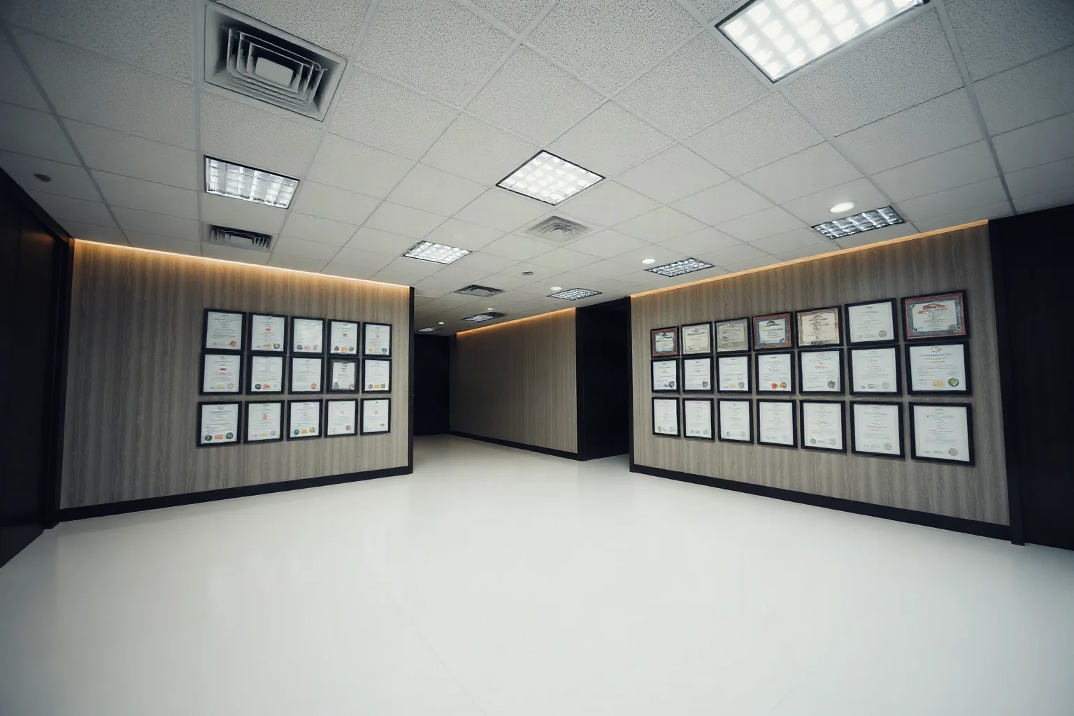 Empty modern financial office with dimmed lights and a wall of framed but questionable certificates