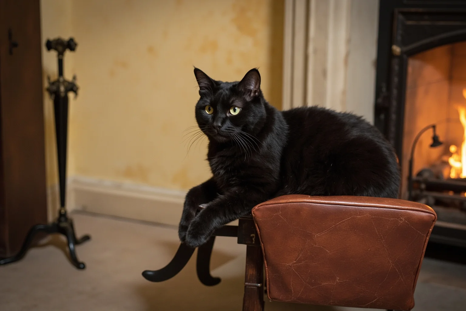 English countryside manor room with a black cat sitting regally on an armchair near a fireplace