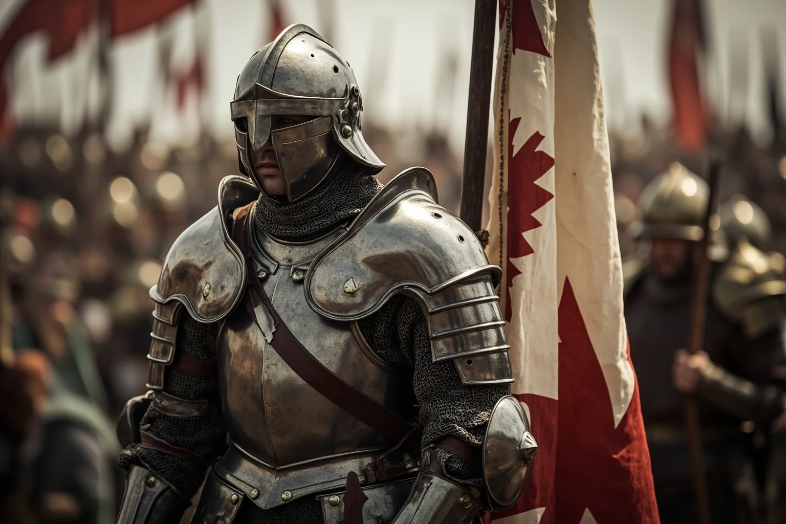 22 Most Notorious Knights From History: Heroes, Villains, and Legends 10 English knight in polished plate armor standing beside a battlefield banner after a medieval battle