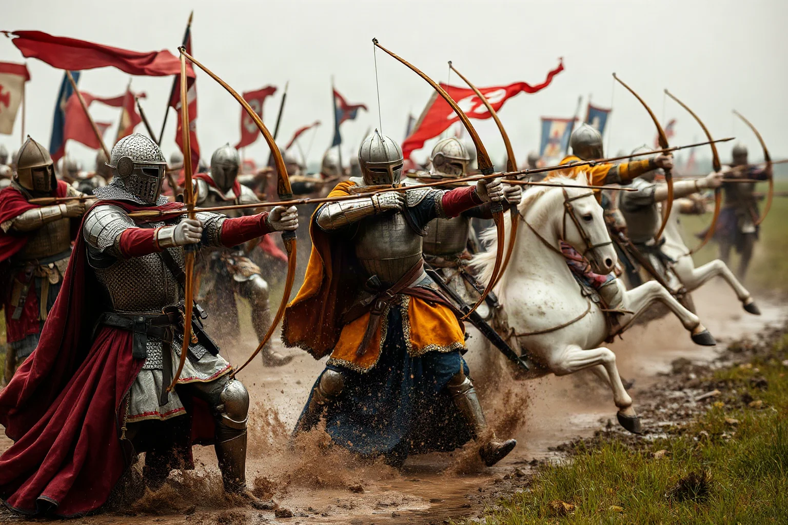 English longbowmen firing arrows at charging French knights in mud and rain during medieval battle, armor-clad soldiers falling