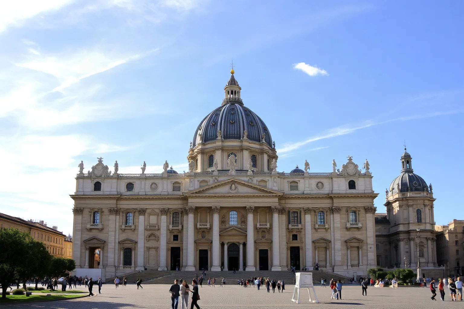 Enormous Renaissance basilica with a massive dome towering over a grand plaza, tourists in the distance, bright daylight