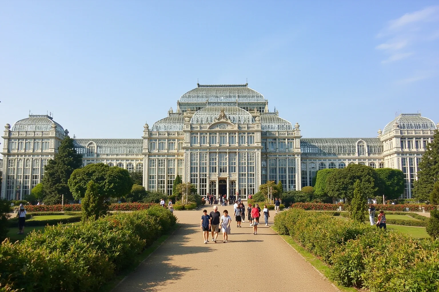 Enormous Victorian glass-and-iron exhibition building surrounded by gardens, resembling the Crystal Palace