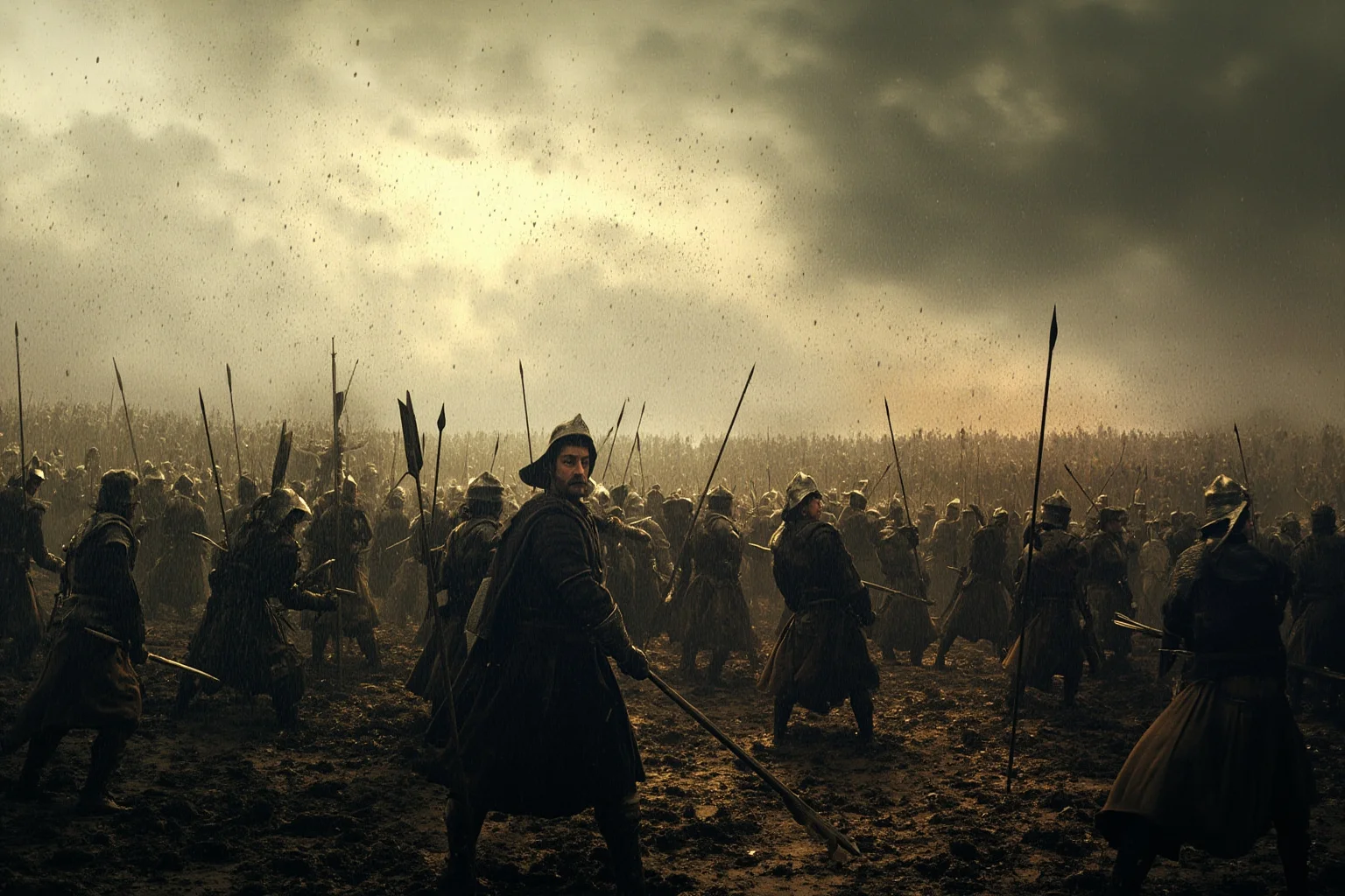 Epic battle scene with thousands of soldiers, mud, rain, and arrows filling the sky above a chaotic medieval battlefield