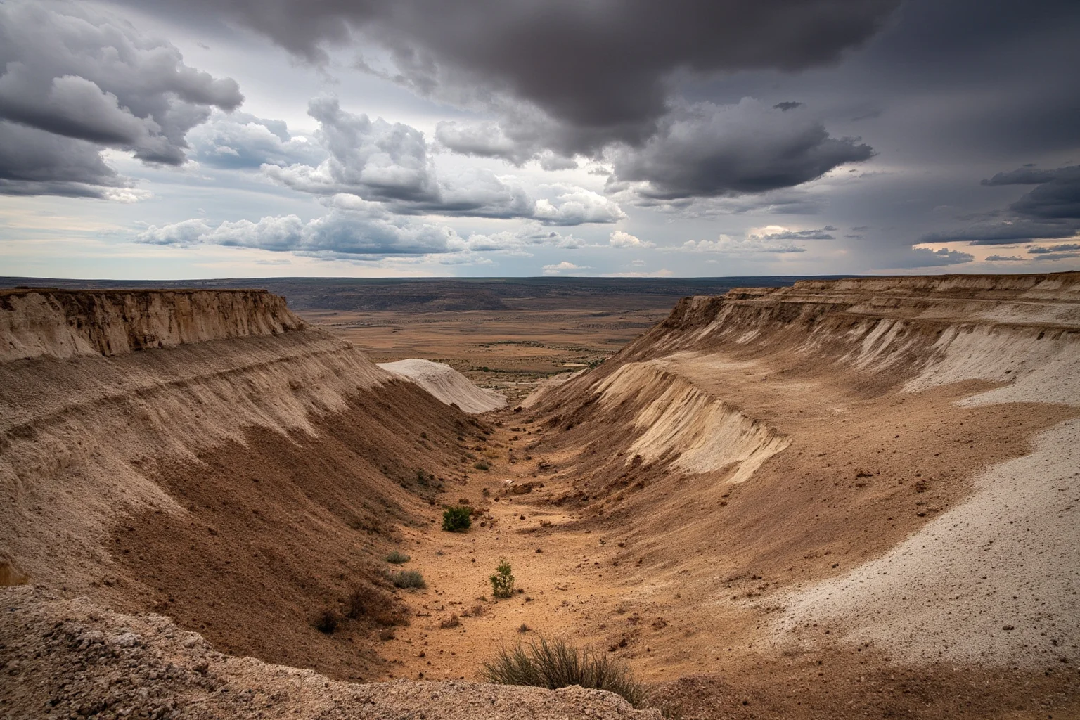Eroded Montana badlands terrain with dry gullies and sedimentary rock layers under a dramatic sky