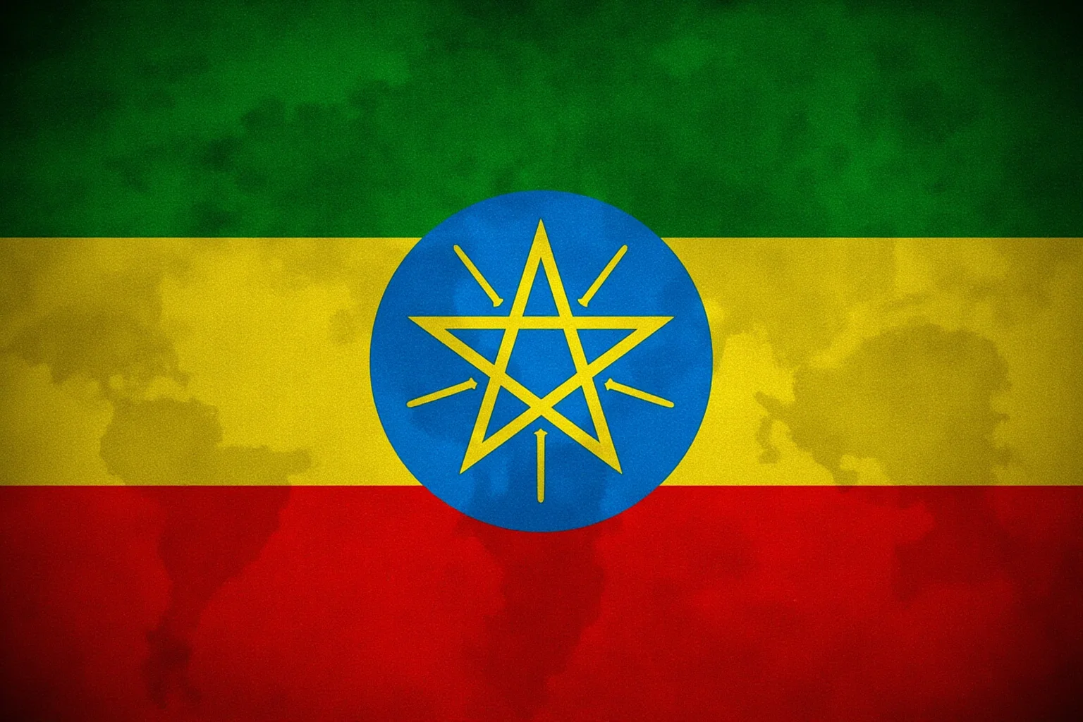 Ethiopia's green, yellow, and red flag with central blue disc and star, subtle historical map of Africa in background