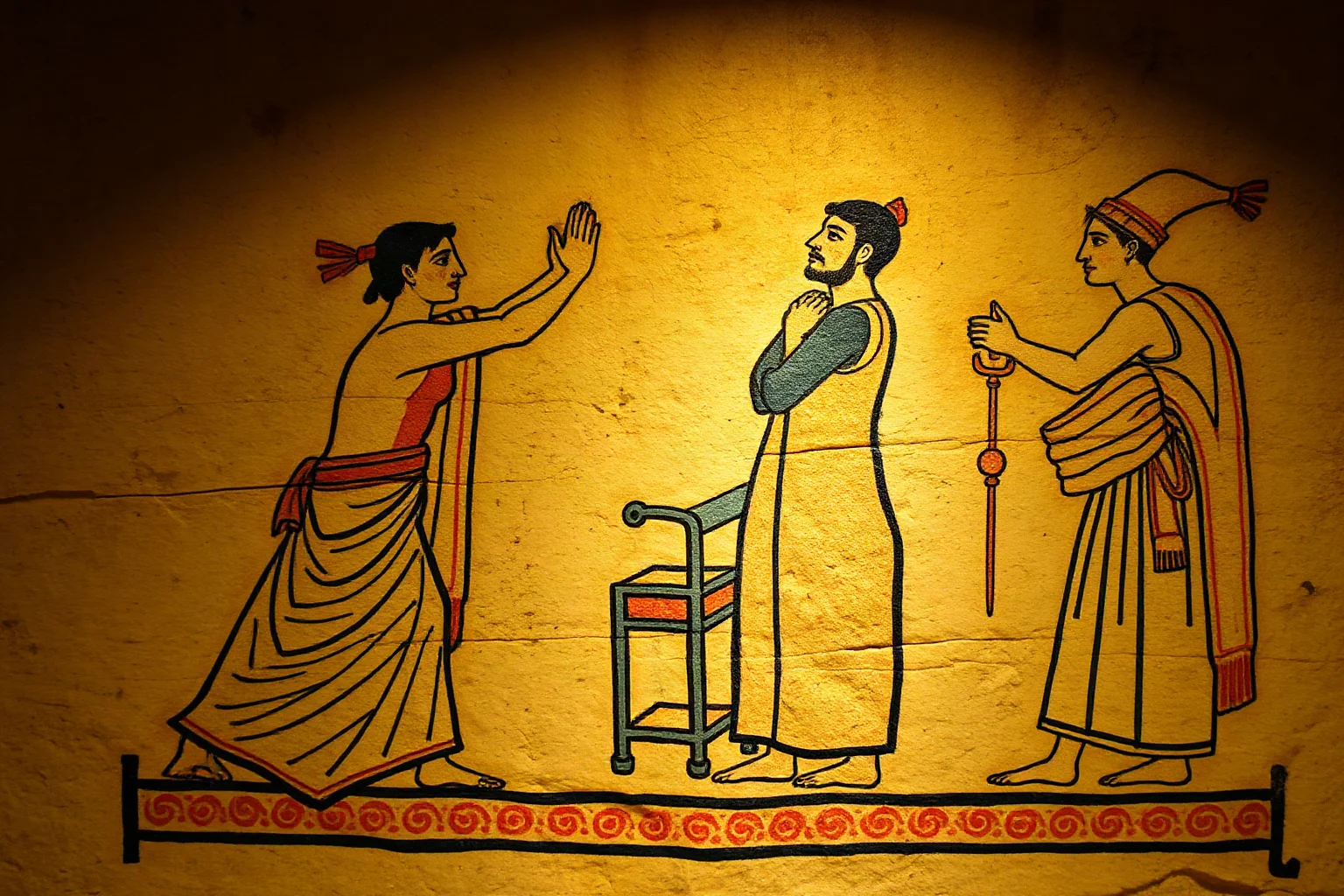 Etruscan tomb painting style artwork showing priests performing divination rituals