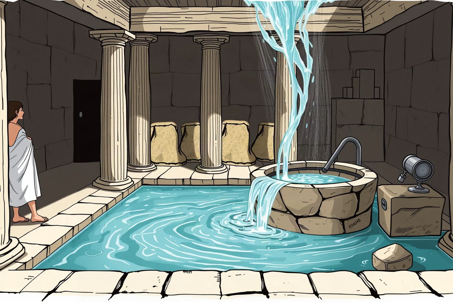 An ancient Greek bathhouse scene with water overflowing from a stone tub, evoking a moment of scientific discovery, illustrative historical style, no real identifiable people