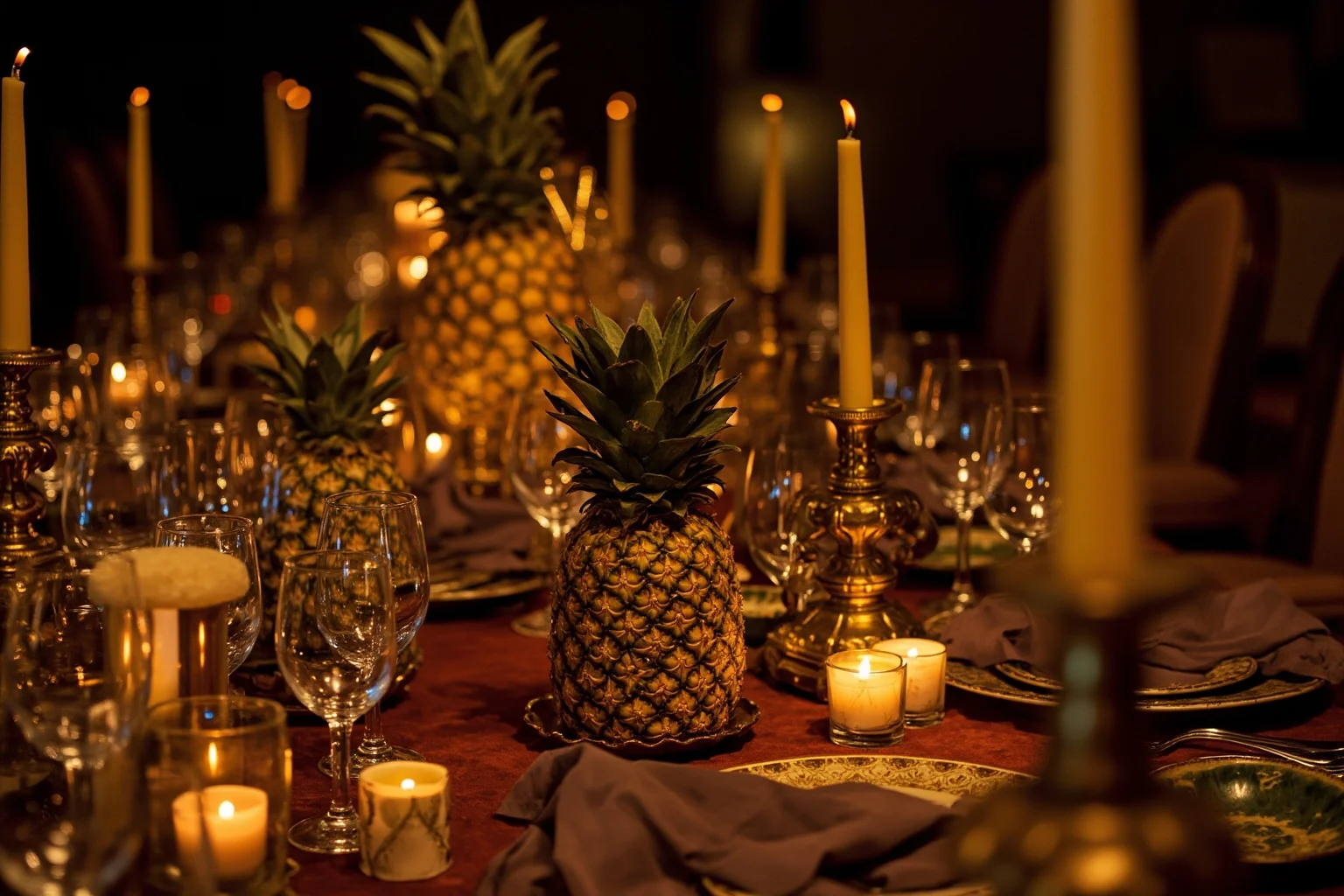 A lavish 18th century European banquet table with a whole pineapple displayed as a centerpiece decoration, candlelit, ornate tableware