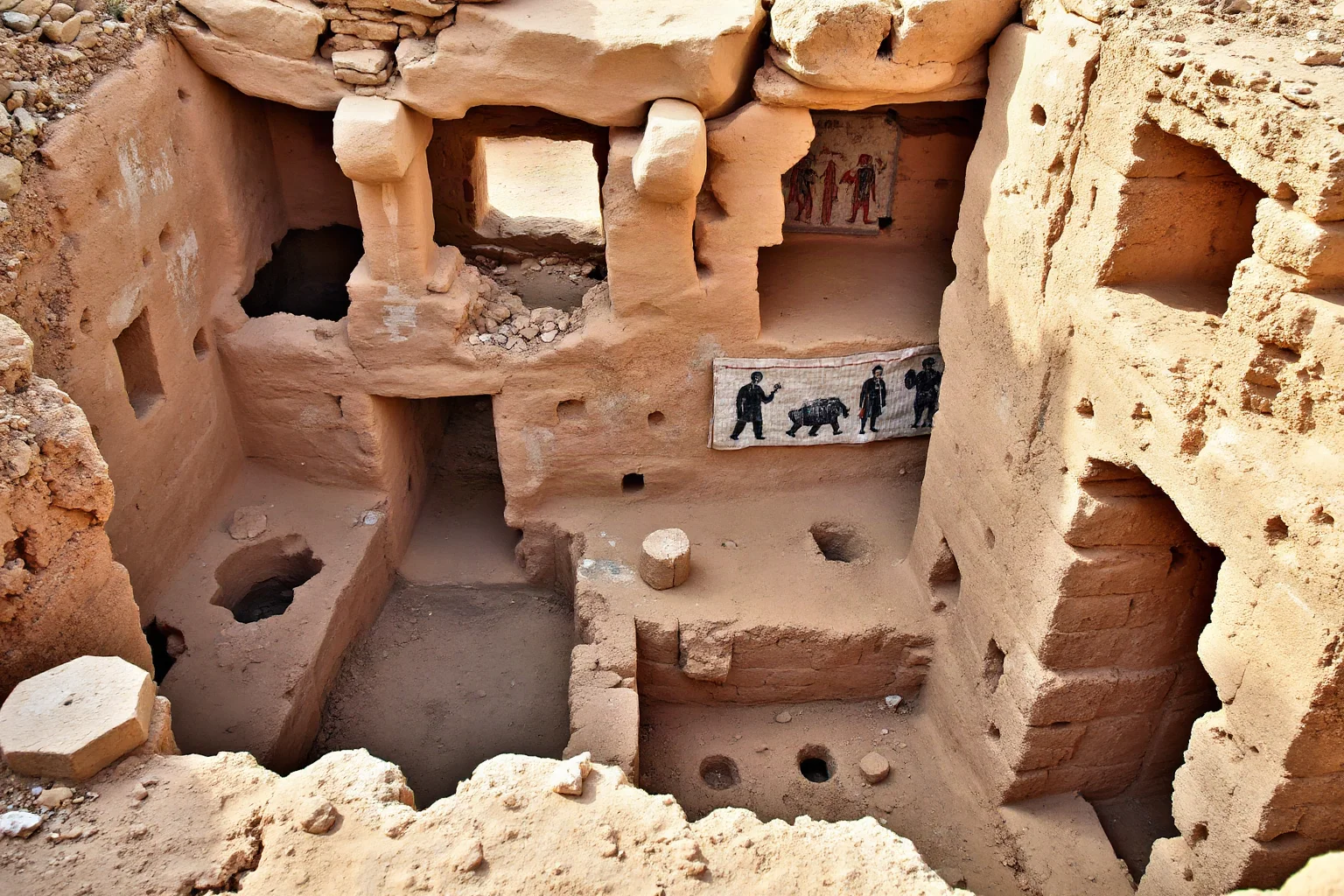 Excavated ancient mud-brick house-church ruins in a Middle Eastern desert town, with faint traces of wall paintings, archaeological site photography