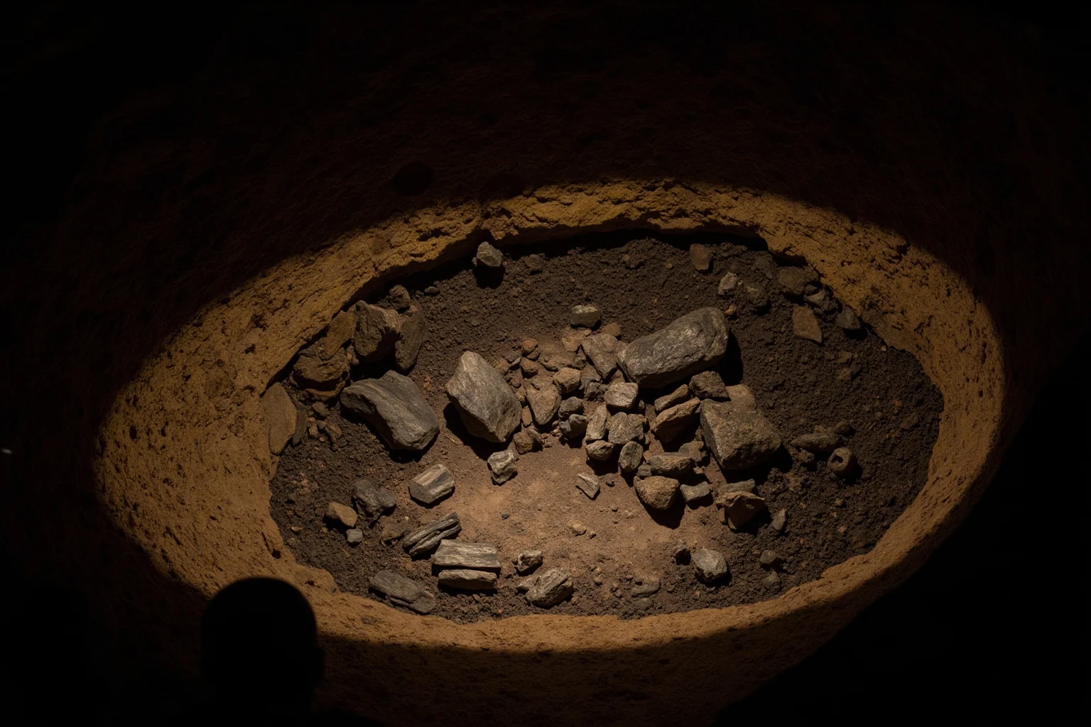 Excavated limestone cave interior with early stone tools and ash layers, dim lighting