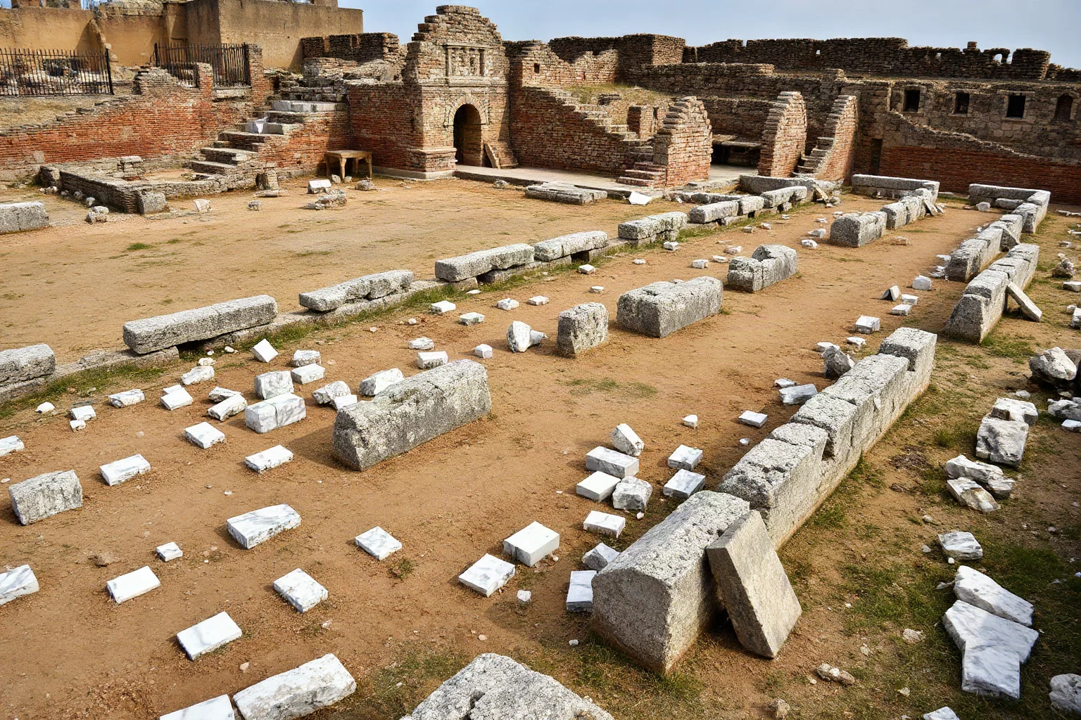 Excavated ruins of the Great Palace of Constantinople near Istanbul with scattered marble fragments and architectural remains